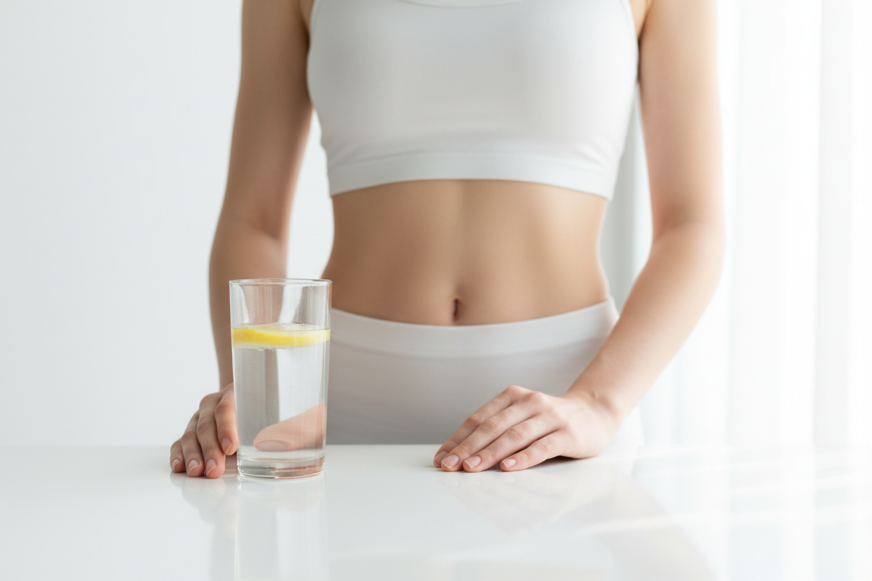 A bright editorial scene of a woman’s midsection and hands resting on a clean white surface with a glass of water and lemon slice. Slight definition of waistline, sense of balance and metabolic health. Natural morning light, white background, scientific calm aesthetic. Feels like precision and control.