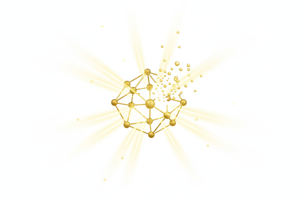 Golden molecular structure dissolving or merging into light, representing advanced absorption technology, minimalist scientific icon with orodispersible particles, glowing yellow detail on white background.