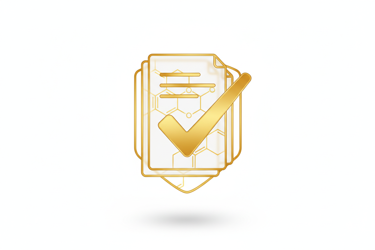 Minimalist medical document icon with a verified checkmark, transparent paper layers and molecular details, premium scientific aesthetic, white background, golden accent.