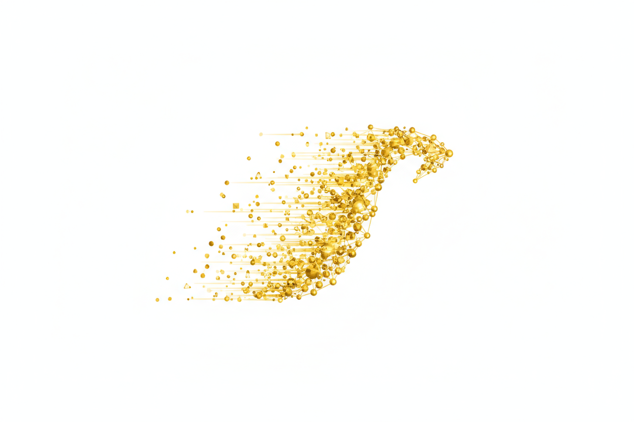 Speed motion molecular icon, glowing golden particles moving through a streamlined path, symbolizing fast absorption, white background, minimalist scientific energy.